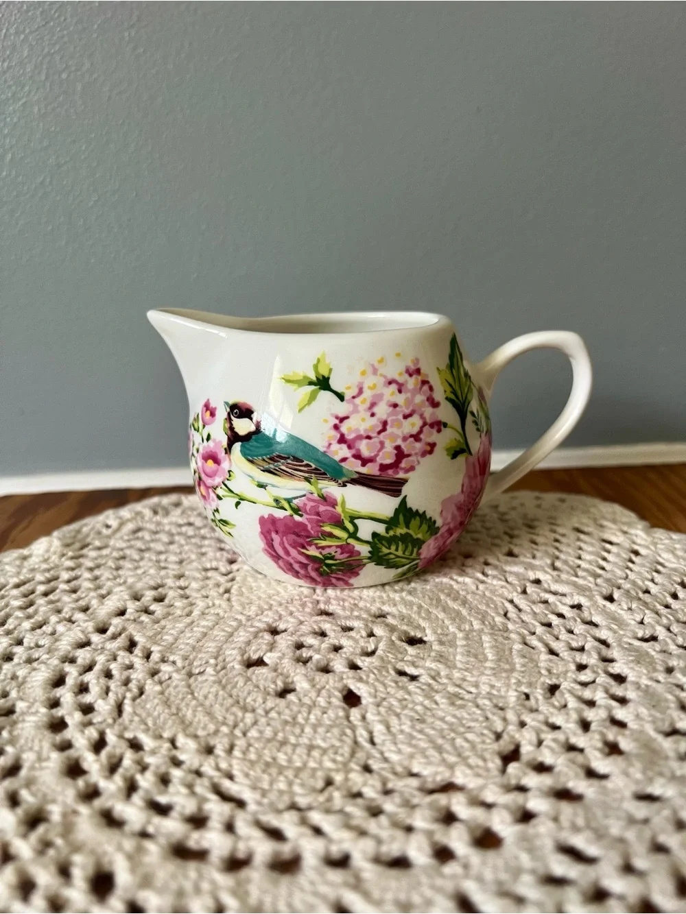 The English Table Ceramic Creamer Pitcher White Pink Flowers & Bird